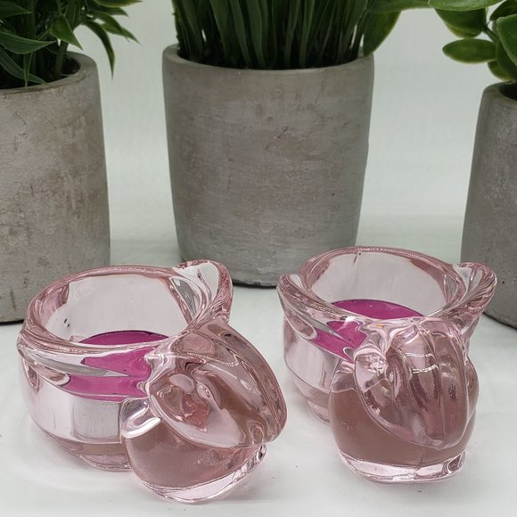 Vintage indiana glass tea light votive candle holder  Indiana Glass Vintage Light Pink Bunny Rabbit Tealight Candle Holders Set of 2